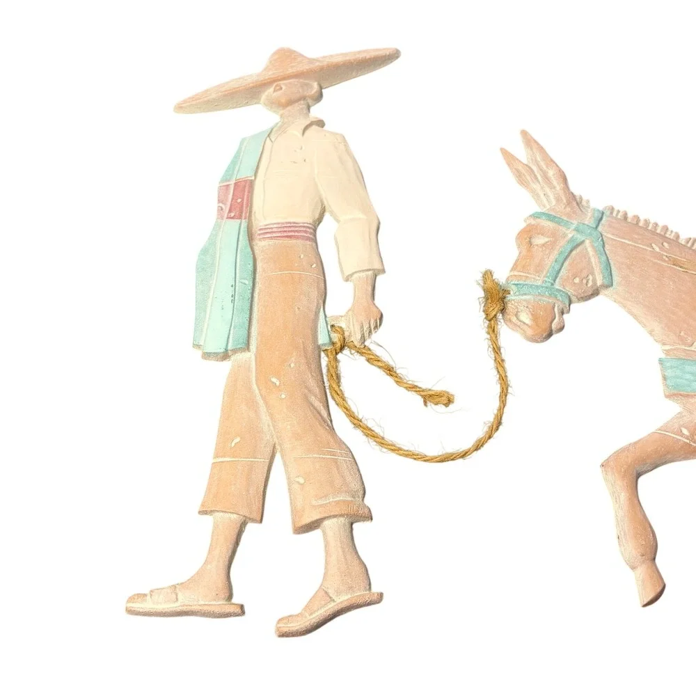 Vintage‎ Mexican Folk Art Wall Hanging Man Leading Donkey 2pc Set Rustic Decor